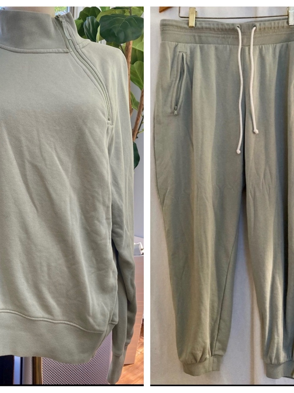 Lou & Grey Light Sage Knit Side Zip Pullover and sweat pant SET Size XL